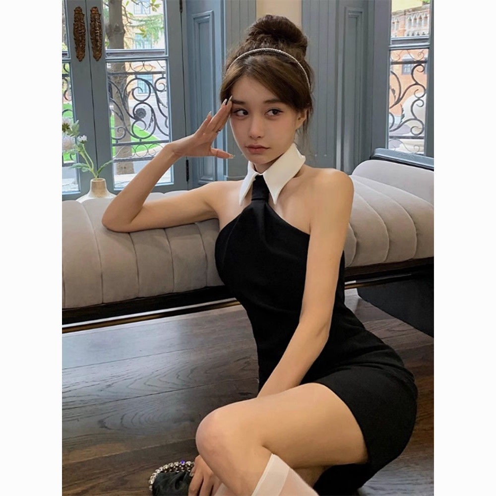 Đầm Ngắn Mỏng Mùa Hè Màu Đen Có Cổ Ôm Dáng Phong Cách Mới Cho Nữ zmgb