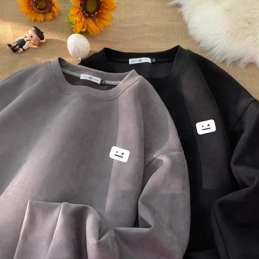Áo sweater Cổ Tròn Bằng Nhung Màu Trơn In Hình Mặt Cười Phong Cách Hip Hop Mỹ Thời Trang Cho Nam Và Nữ