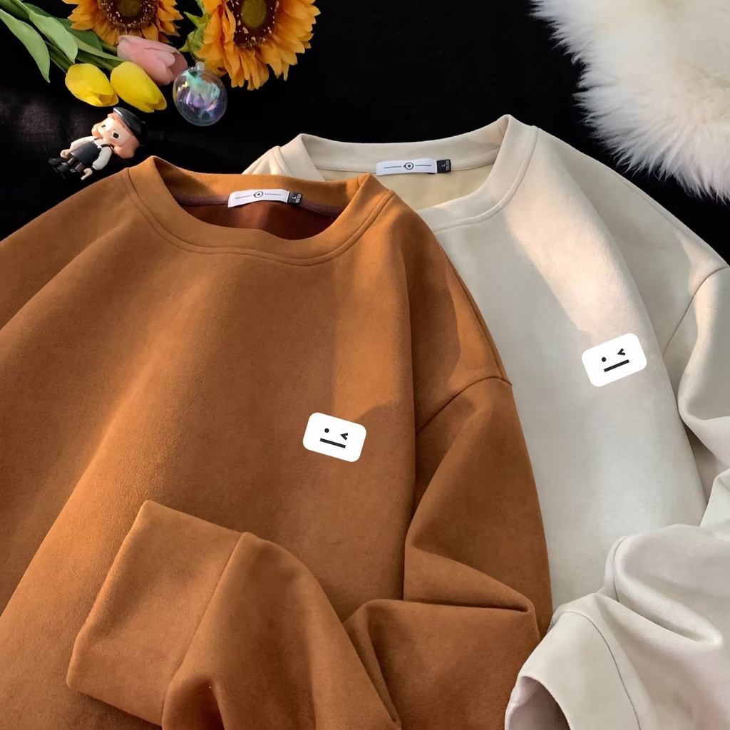 Áo sweater Cổ Tròn Bằng Nhung Màu Trơn In Hình Mặt Cười Phong Cách Hip Hop Mỹ Thời Trang Cho Nam Và Nữ