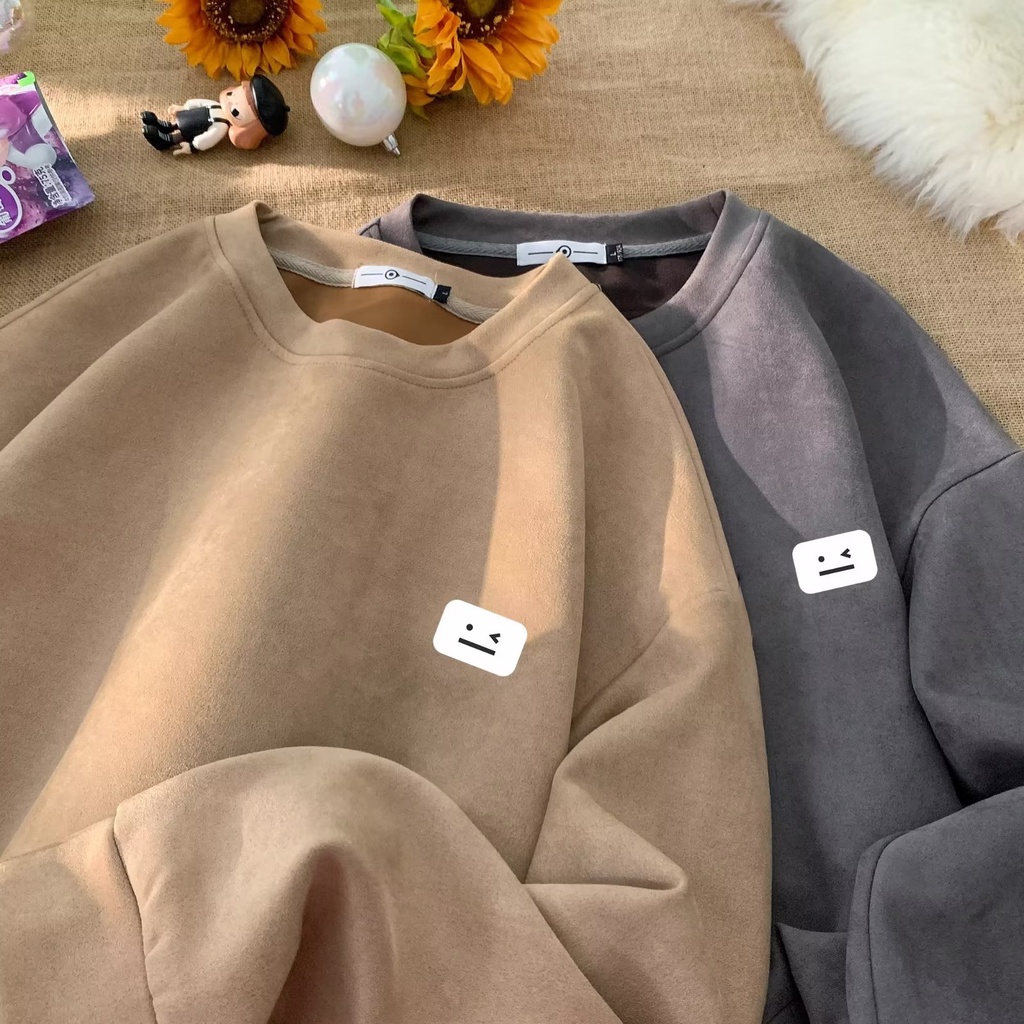 Áo sweater Cổ Tròn Bằng Nhung Màu Trơn In Hình Mặt Cười Phong Cách Hip Hop Mỹ Thời Trang Cho Nam Và Nữ