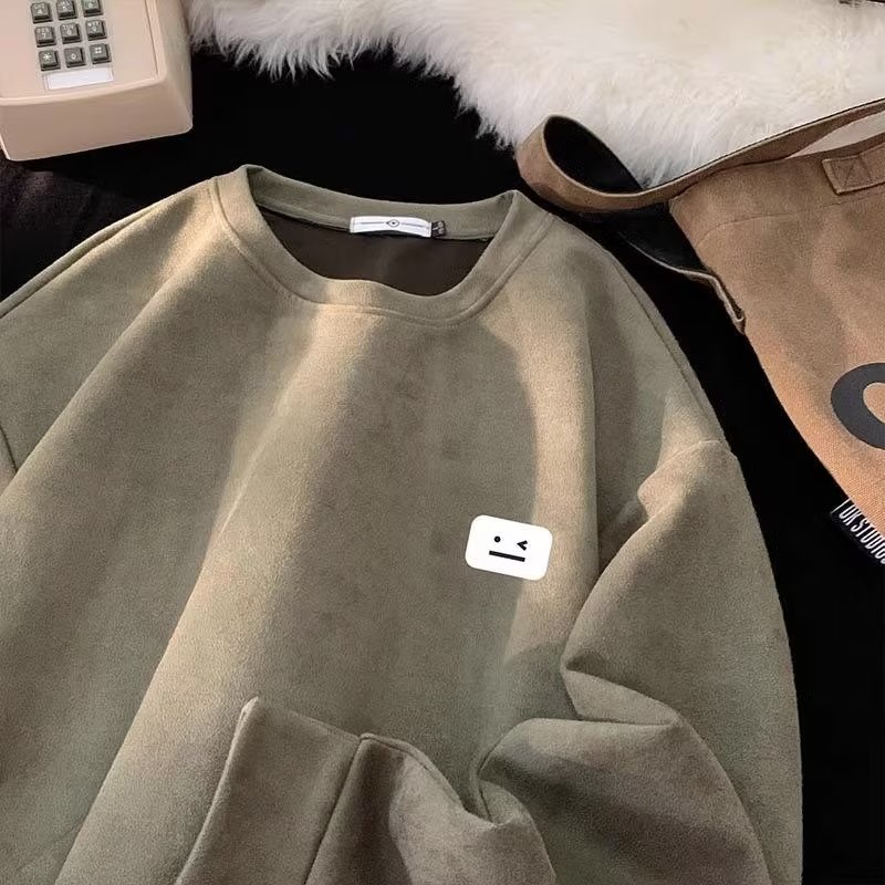 Áo sweater Cổ Tròn Bằng Nhung Màu Trơn In Hình Mặt Cười Phong Cách Hip Hop Mỹ Thời Trang Cho Nam Và Nữ