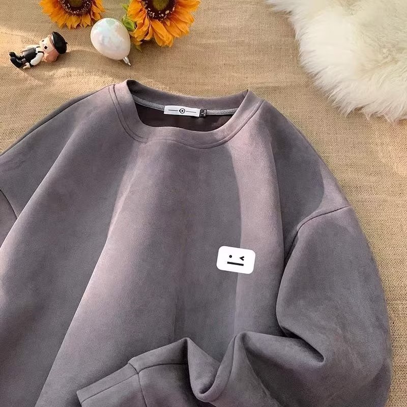 Áo sweater Cổ Tròn Bằng Nhung Màu Trơn In Hình Mặt Cười Phong Cách Hip Hop Mỹ Thời Trang Cho Nam Và Nữ