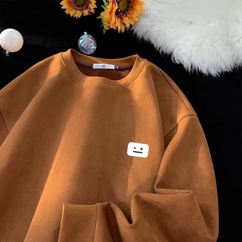 Áo sweater Cổ Tròn Bằng Nhung Màu Trơn In Hình Mặt Cười Phong Cách Hip Hop Mỹ Thời Trang Cho Nam Và Nữ