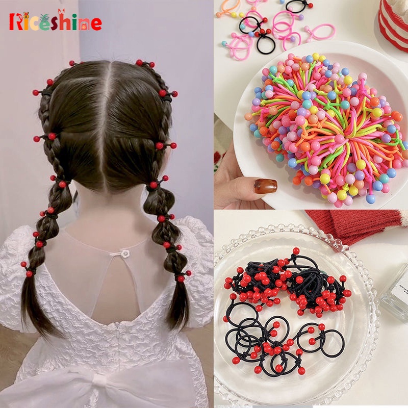 Set 10 Dây Cột Tóc Co Giãn Đính Hạt Đỏ Dễ Thương Dành Cho Trẻ Em