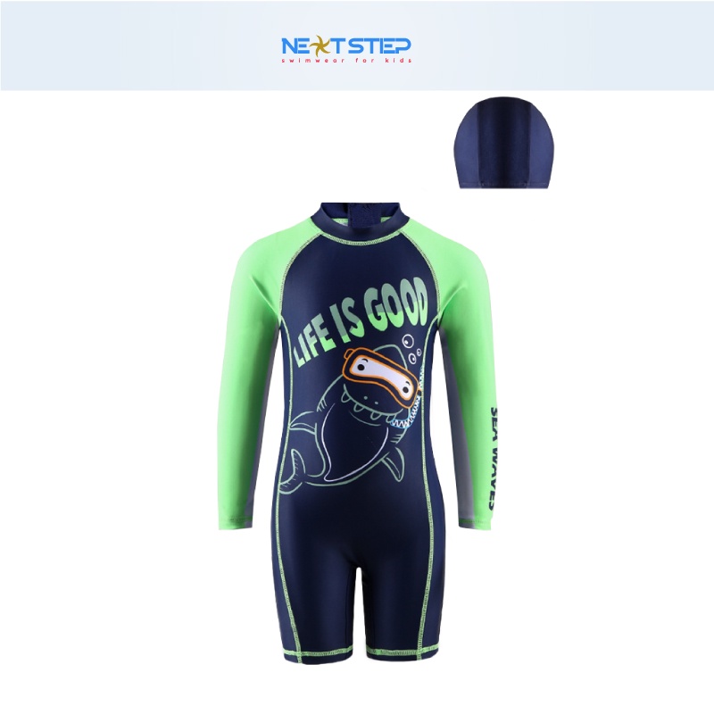 Đồ bơi bé trai, liền thân tay dài chất vải chống nắng, mềm mại và co giãn họa tiết cá mập có size cho bé từ 9kg đến 30kg