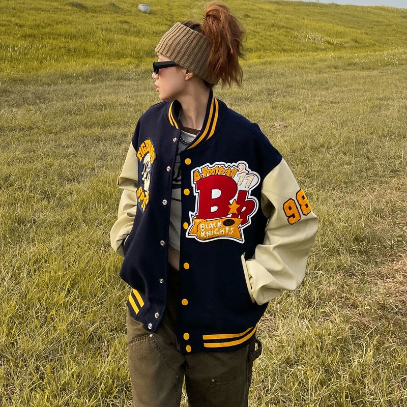 Mới Áo Khoác Bóng Chày Da Thêu Họa Tiết vintage Thời Trang