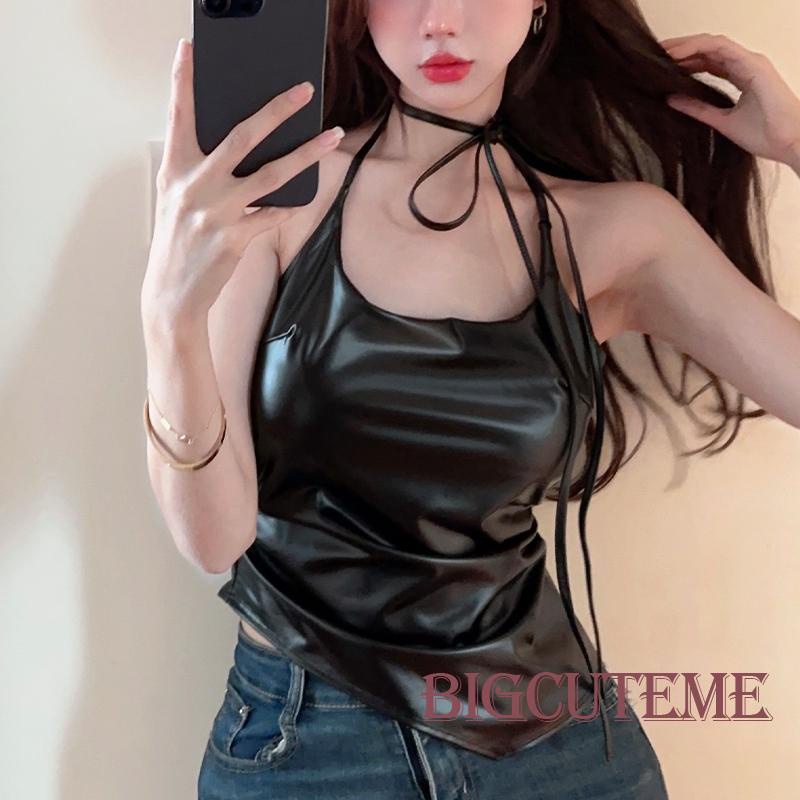 Áo Da pu Hai Dây Mùa Hè Màu Đen Hở Lưng Cho Nữ