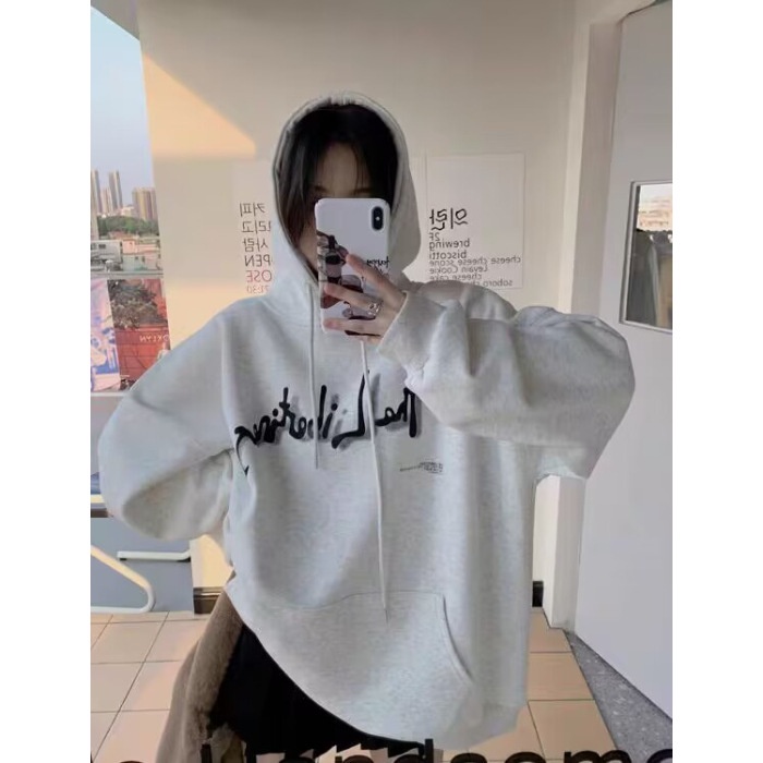 Áo hoodie dài tay Áo Thun Nỉ Tay Dài Cổ Tròn Dáng Rộng In Hình Cô Gái Phong Cách Thời Trang