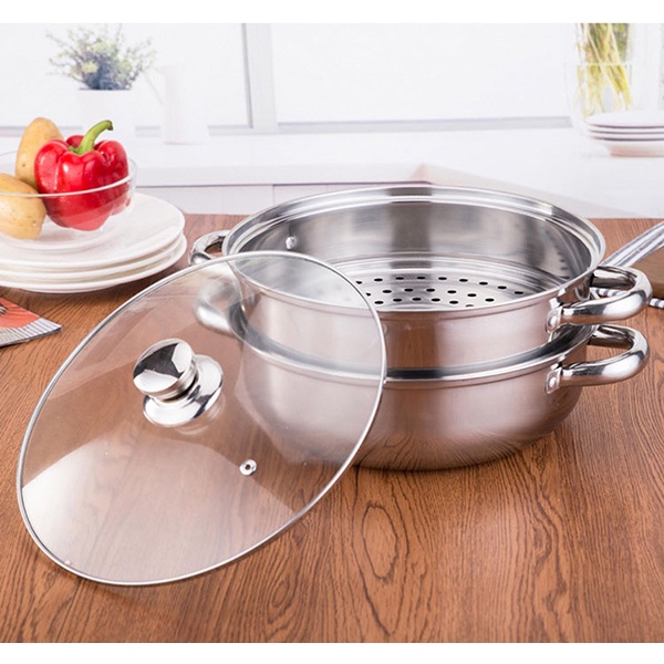 Xửng hấp inox 2 tầng, nồi hấp 2 tầng 28cm đa năng có nắp kính tiện lợi_ Như Trang Plaza