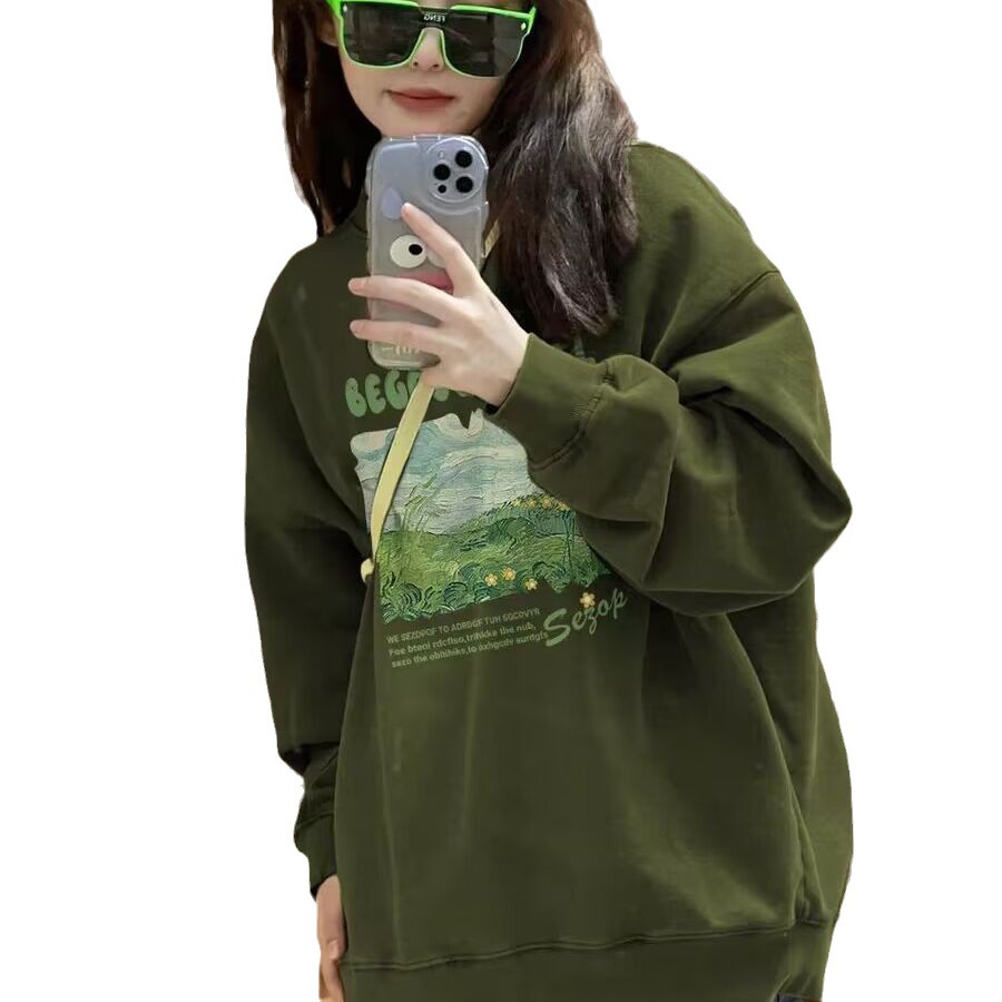 NEWMINE❤Áo sweater Áo nỉ dài tay Áo Thun Nỉ Tay Dài Cổ Tròn Dáng Rộng In Hình Cô Gái Phong Cách Thời Trang