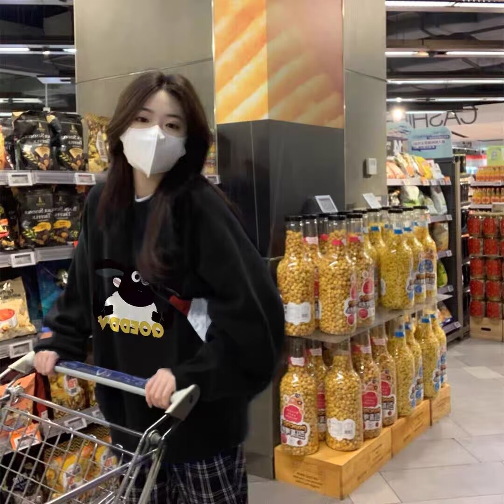 Áo sweater Áo nỉ dài tay Áo Thun Nỉ Tay Dài Cổ Tròn Dáng Rộng In Hình Cô Gái Phong Cách Thời Trang