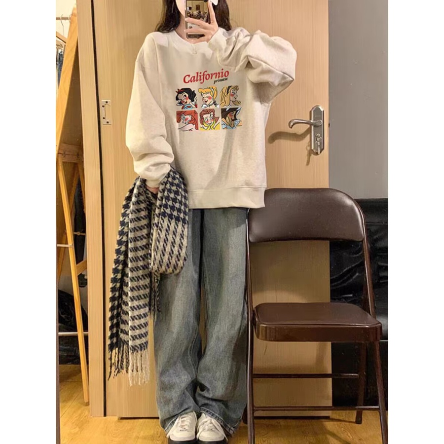 Áo sweater Áo nỉ dài tay Áo Thun Nỉ Tay Dài Cổ Tròn Dáng Rộng In Hình Cô Gái Phong Cách Thời Trang