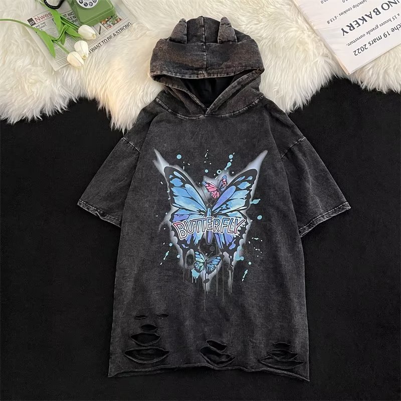 Áo hoodie Tay Ngắn Dáng Rộng In Họa Tiết Bướm Phong Cách hip hop Thời Trang Mùa Hè Chất Lượng Cao Cho Nam Và Nữ