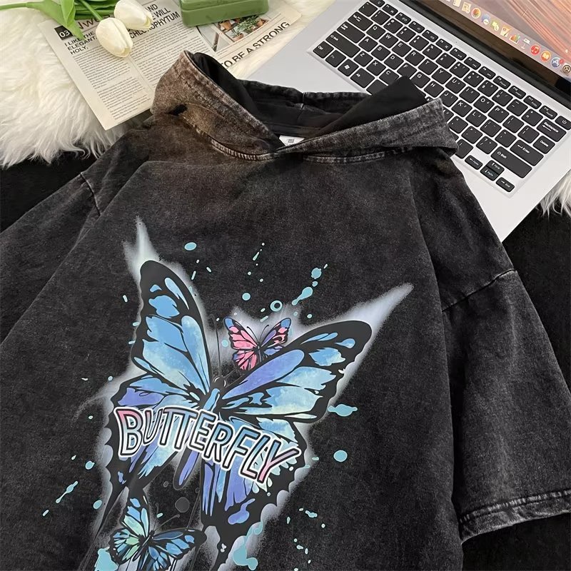 Áo hoodie Tay Ngắn Dáng Rộng In Họa Tiết Bướm Phong Cách hip hop Thời Trang Mùa Hè Chất Lượng Cao Cho Nam Và Nữ