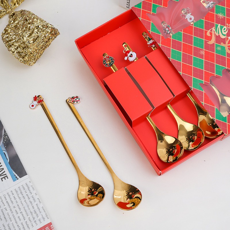 Bộ 4 / 6 Muỗng Nĩa Ăn Tráng Miệng Hình Cây Thông Noel