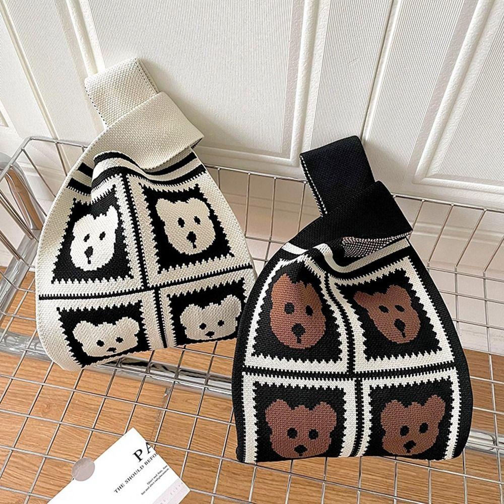 Fuzou Túi Xách Dệt Kim Hình Gấu Thắt Nút Đơn Giản Dùng Đi Mua Sắm Du Lịch