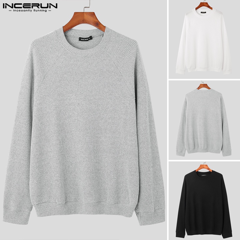 INCERUN Áo Thun Tay Dài Cổ Tròn Màu Trơn Thời Trang Cho Nam