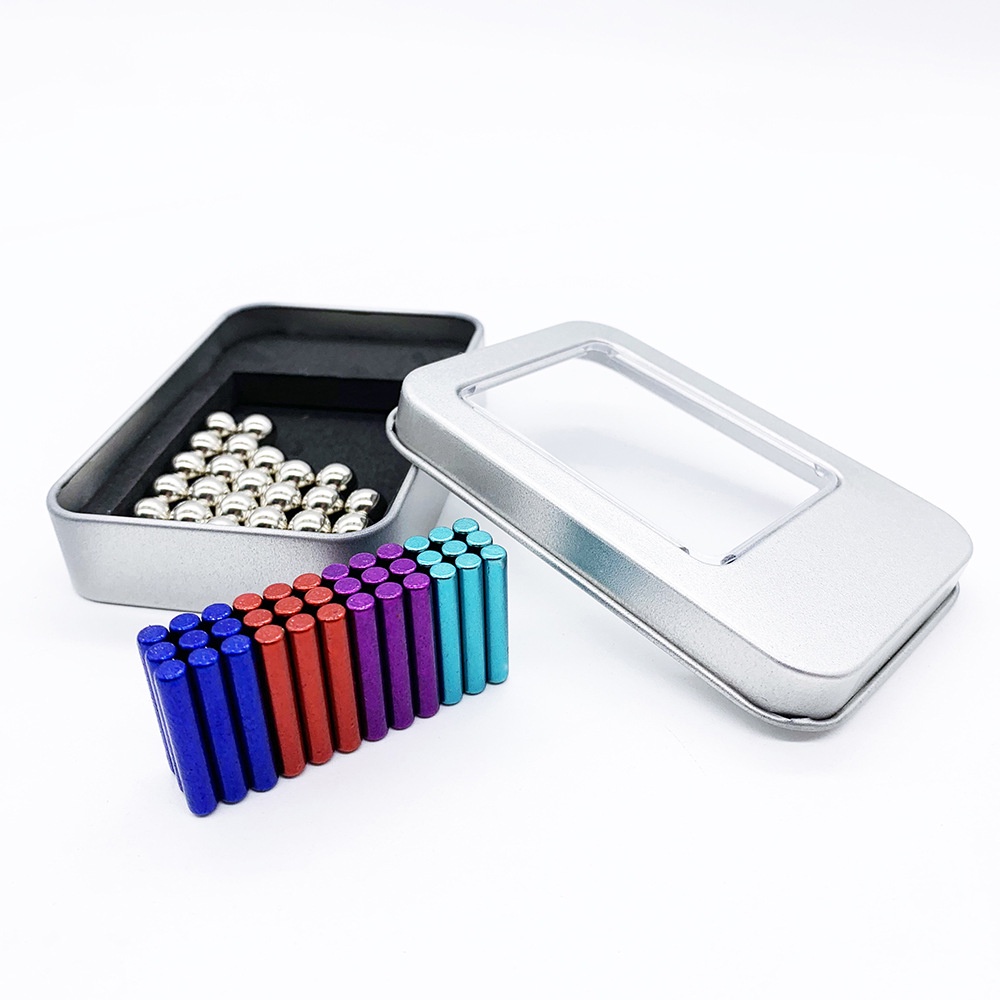 Bộ 36 Que Nam Châm Bạc Kèm Hộp Sắt 27 Viên Bi Nhiều Màu Sắc