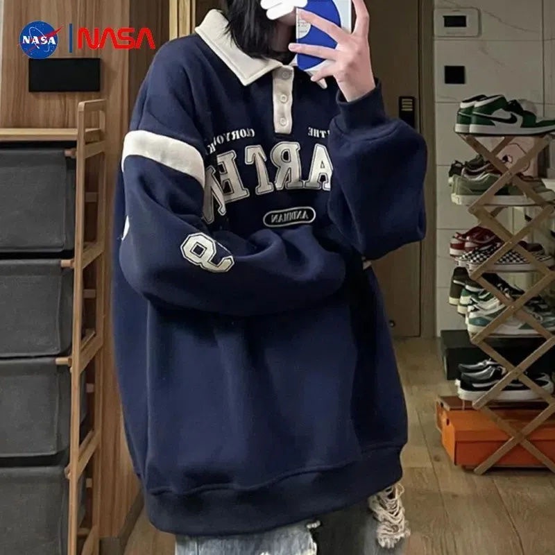 Áo Hoodie Cổ polo Dáng Rộng Dày Dặn Màu Tương Phản Thời Trang Mới Cho Nữ