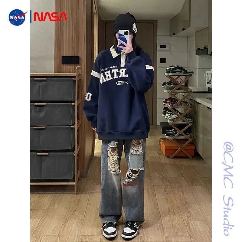 Áo Hoodie Cổ polo Dáng Rộng Dày Dặn Màu Tương Phản Thời Trang Mới Cho Nữ