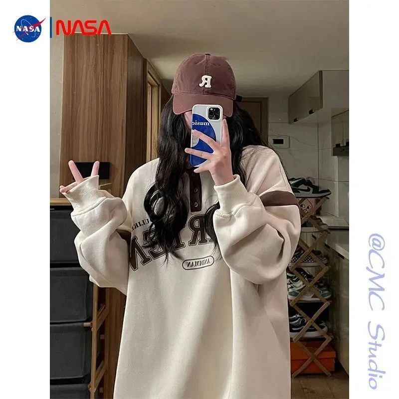Áo Hoodie Cổ polo Dáng Rộng Dày Dặn Màu Tương Phản Thời Trang Mới Cho Nữ