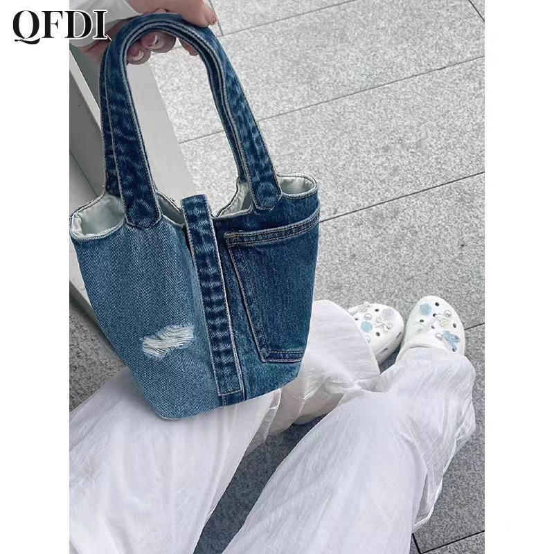 QFDI Túi Xách Vải denim Màu Sắc Đơn Giản Phù Hợp Với Nhiều Loại Đồ Đa Năng Dành Cho Bạn Gái
