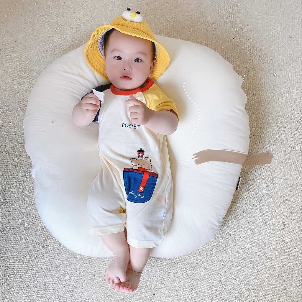 Bộ Áo Liền Quần Bằng cotton Tay Ngắn In Hình Gấu Màu Tương Phản Thời Trang Mùa Hè Cho Bé Gái 0-2 Tuổi