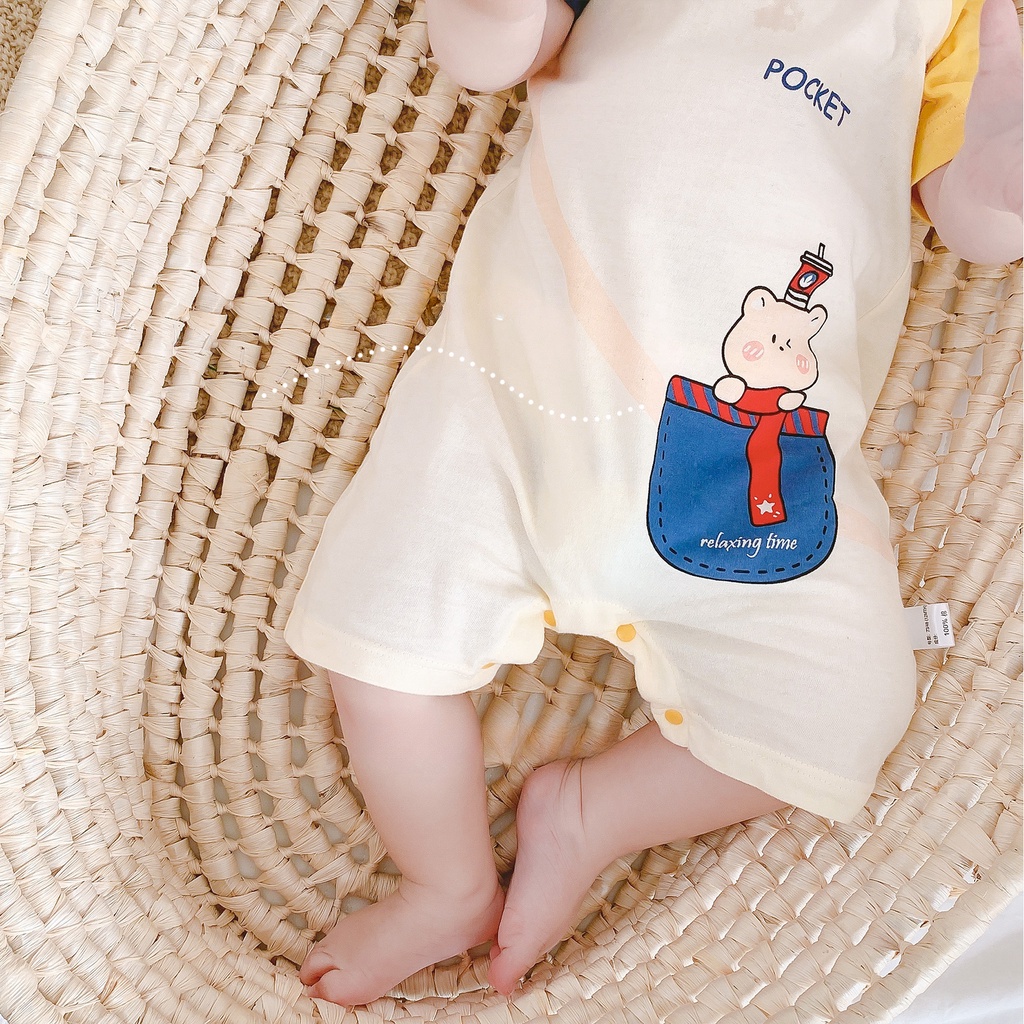 Bộ Áo Liền Quần Bằng cotton Tay Ngắn In Hình Gấu Màu Tương Phản Thời Trang Mùa Hè Cho Bé Gái 0-2 Tuổi