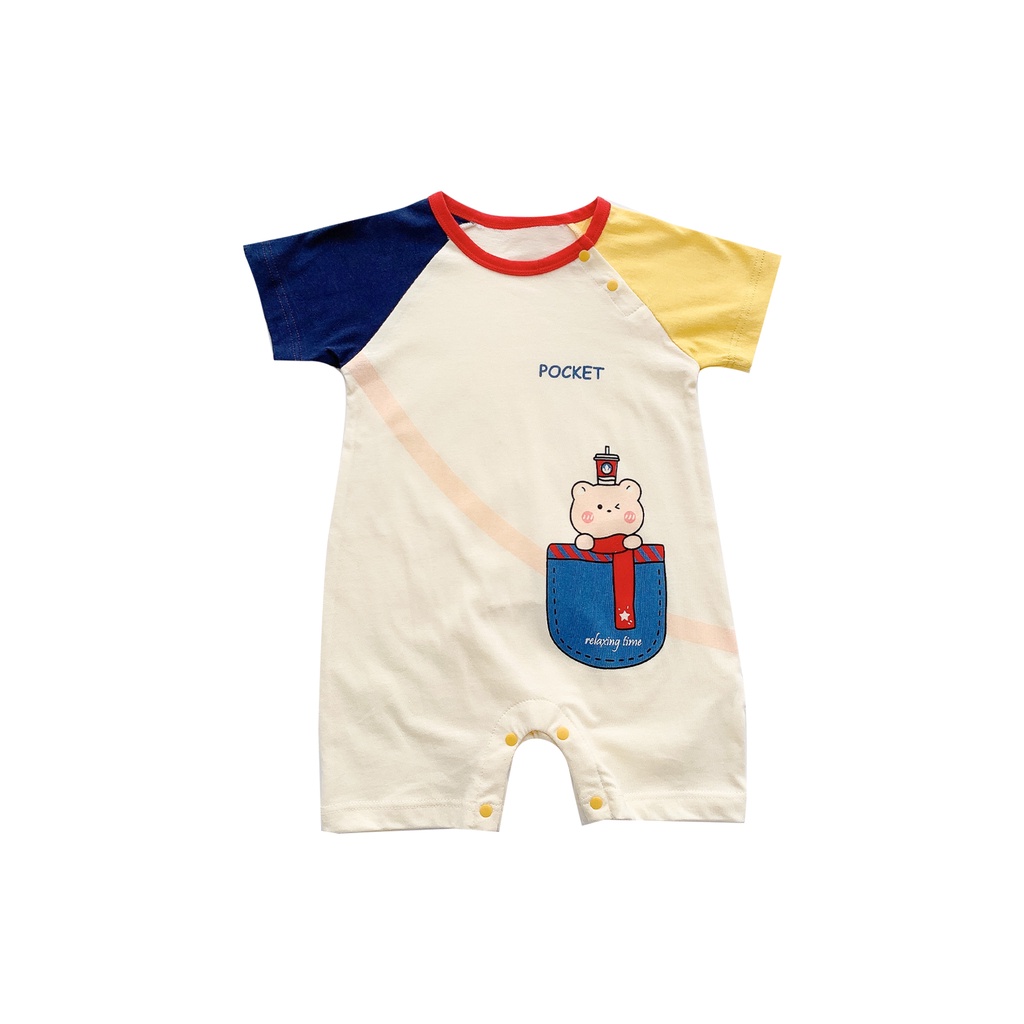 Bộ Áo Liền Quần Bằng cotton Tay Ngắn In Hình Gấu Màu Tương Phản Thời Trang Mùa Hè Cho Bé Gái 0-2 Tuổi