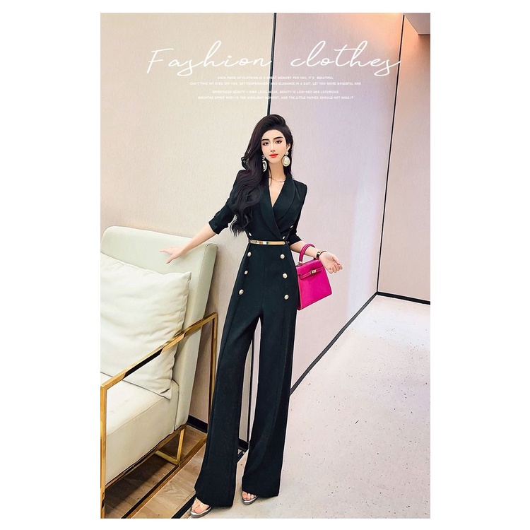 High-end fashion OL wide leg jumpsuit new suit collar double-breasted jumpsuit