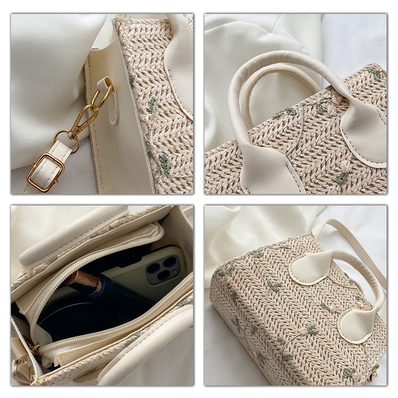 XINYIMEI Túi Rơm Dệt Tay Đeo Vai Nhỏ Xinh Họa Tiết Hoa Tươi Mới Phong Cách Nhật Bản