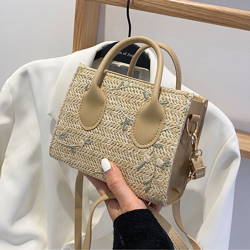 XINYIMEI Túi Rơm Dệt Tay Đeo Vai Nhỏ Xinh Họa Tiết Hoa Tươi Mới Phong Cách Nhật Bản