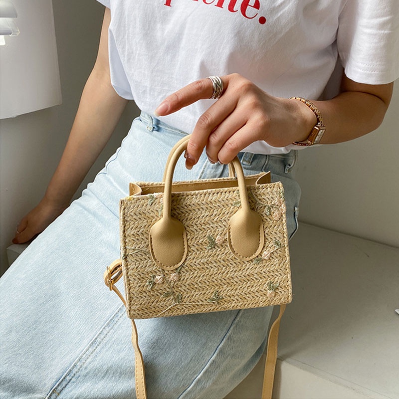 XINYIMEI Túi Rơm Dệt Tay Đeo Vai Nhỏ Xinh Họa Tiết Hoa Tươi Mới Phong Cách Nhật Bản