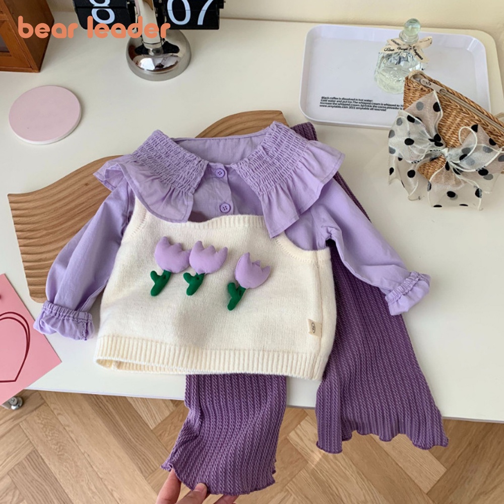 BEAR LEADER Set Đồ 3 Món Gồm Áo sweater Hai Dây Họa Tiết Hoa + Áo Sơ Mi Tay Dài + Quần Ống Loe Thời Trang Xuân Thu Hàng Mới 2023 Dành Cho Bé Gái