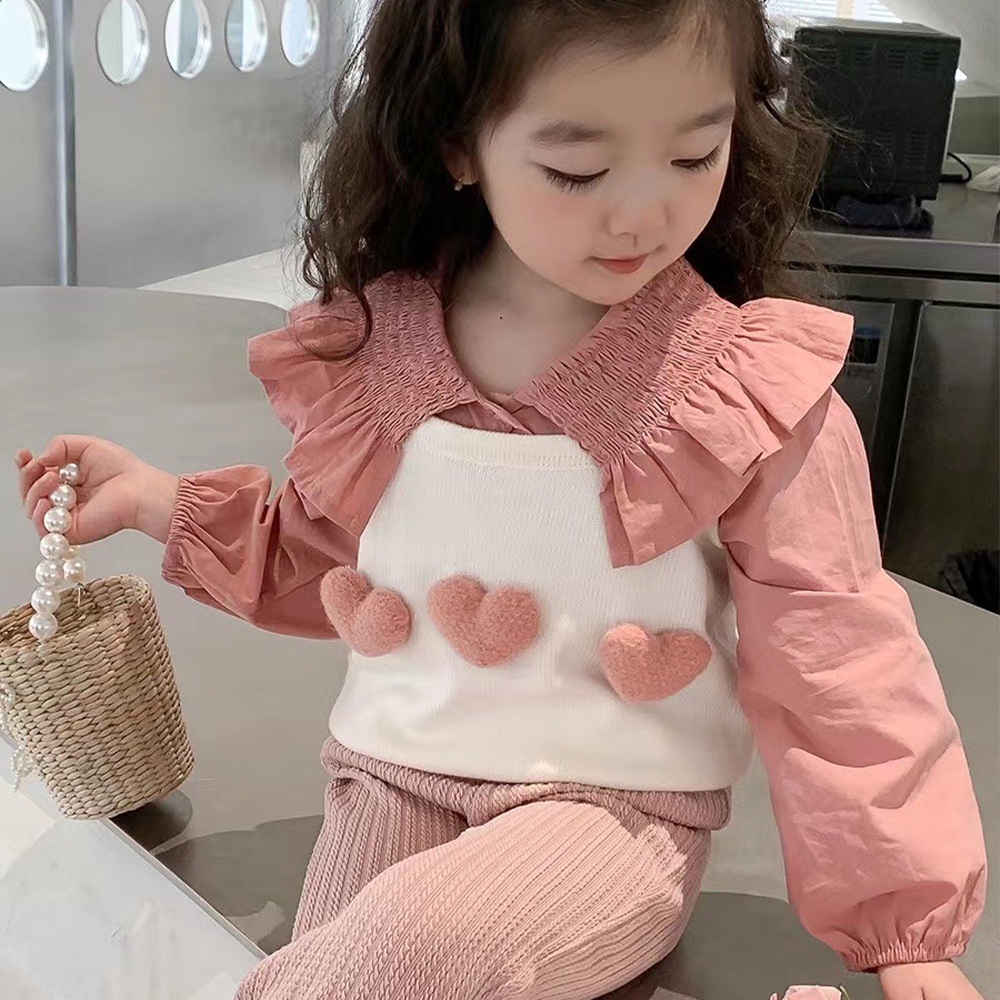 BEAR LEADER Set Đồ 3 Món Gồm Áo sweater Hai Dây Họa Tiết Hoa + Áo Sơ Mi Tay Dài + Quần Ống Loe Thời Trang Xuân Thu Hàng Mới 2023 Dành Cho Bé Gái