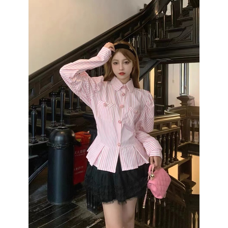 Áo Sơ Mi Tay Dài Dáng Ôm Họa Tiết Kẻ Sọc Màu Hồng Thời Trang Dành Cho Nữ