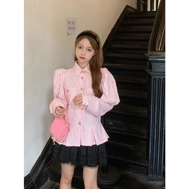 Áo Sơ Mi Tay Dài Dáng Ôm Họa Tiết Kẻ Sọc Màu Hồng Thời Trang Dành Cho Nữ