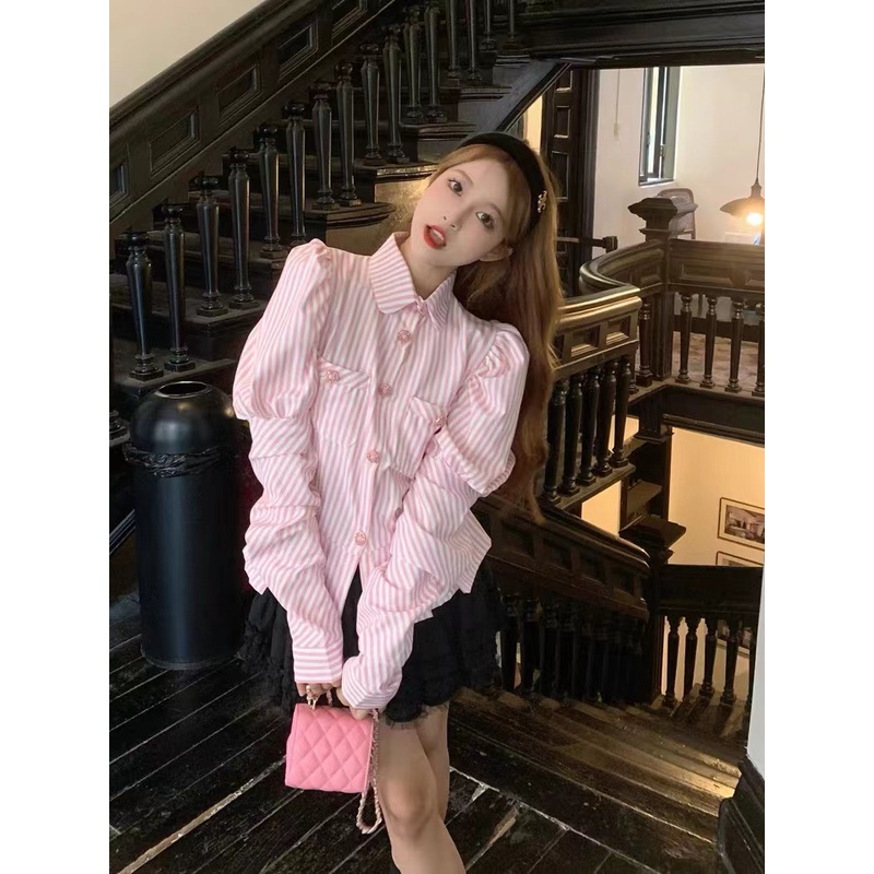 Áo Sơ Mi Tay Dài Dáng Ôm Họa Tiết Kẻ Sọc Màu Hồng Thời Trang Dành Cho Nữ