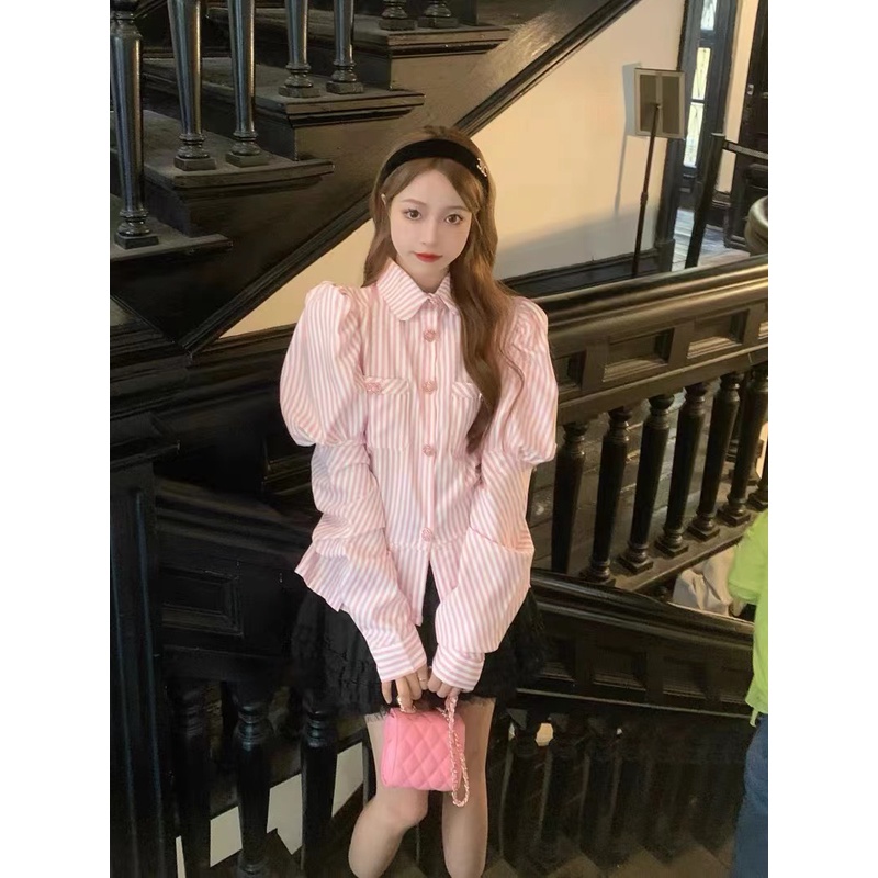 Áo Sơ Mi Tay Dài Dáng Ôm Họa Tiết Kẻ Sọc Màu Hồng Thời Trang Dành Cho Nữ