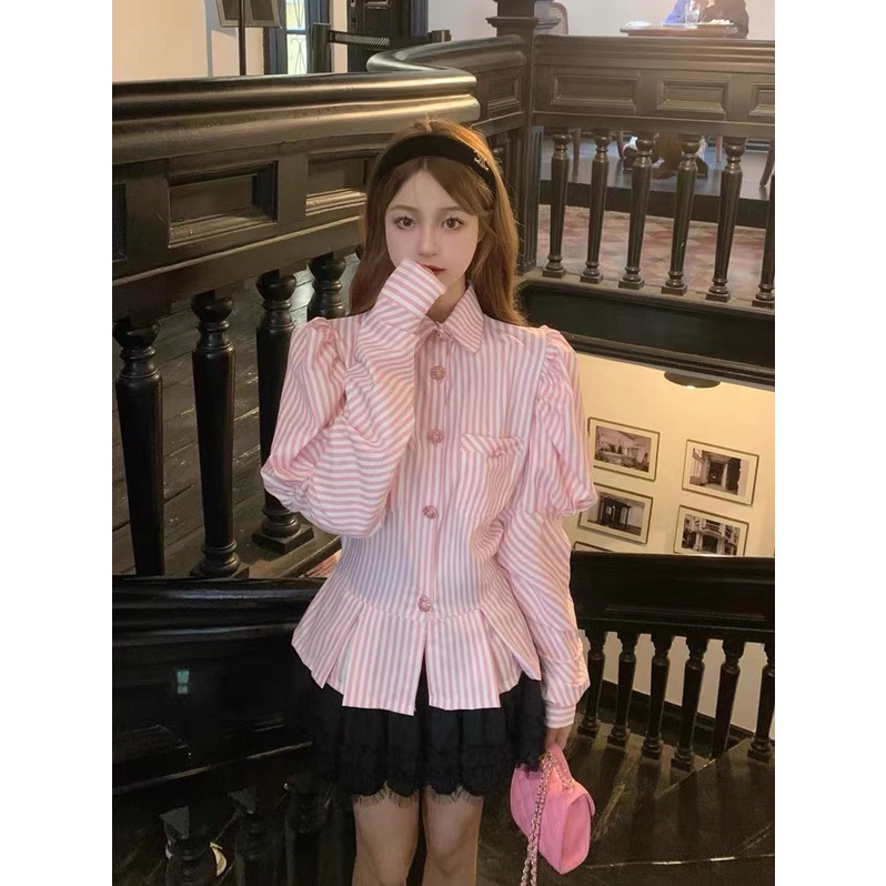 Áo Sơ Mi Tay Dài Dáng Ôm Họa Tiết Kẻ Sọc Màu Hồng Thời Trang Dành Cho Nữ
