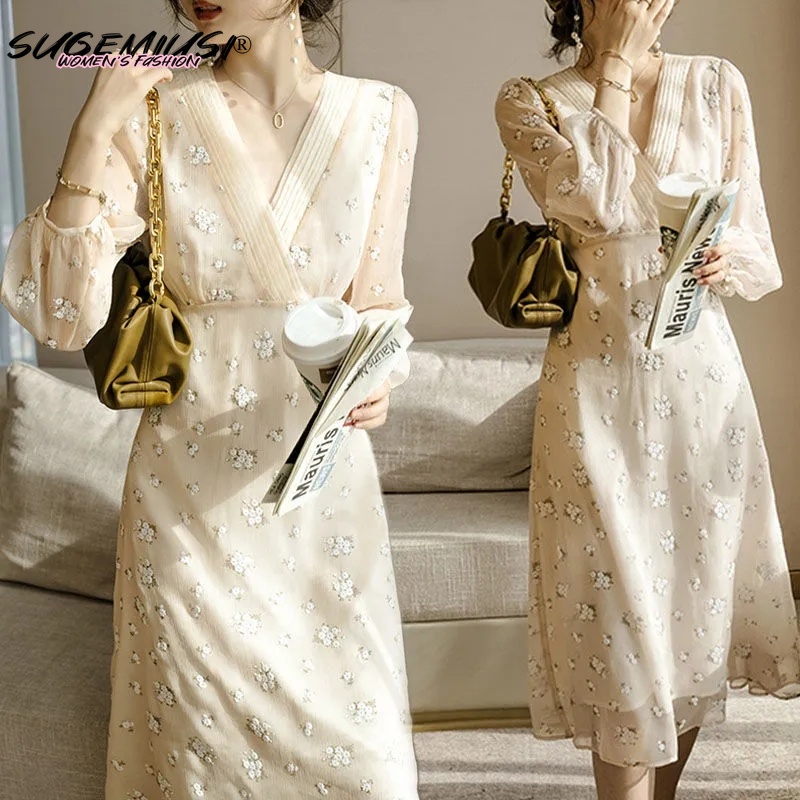 Đầm chiffon Tay Dài In Hoa Kiểu Pháp Cổ Điển Thời Trang Cao Cấp Cho Nữ