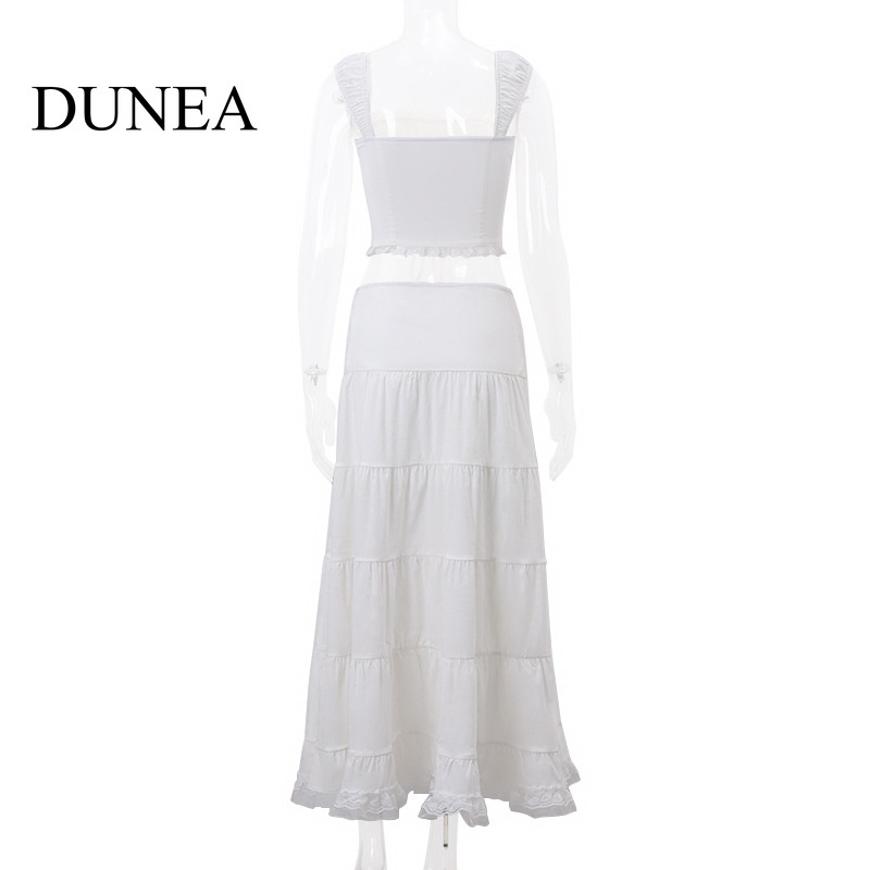 DUNEA Set Áo Cổ Vuông Và Chân Váy Ren Phong Cách Pháp Thanh Lịch Dành Cho Nữ