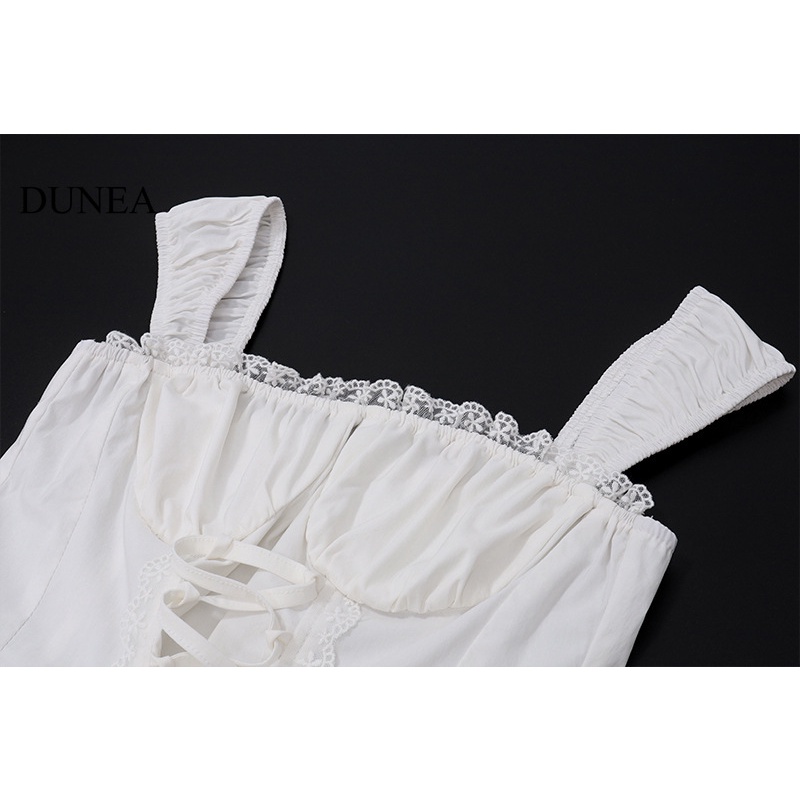 DUNEA Set Áo Cổ Vuông Và Chân Váy Ren Phong Cách Pháp Thanh Lịch Dành Cho Nữ