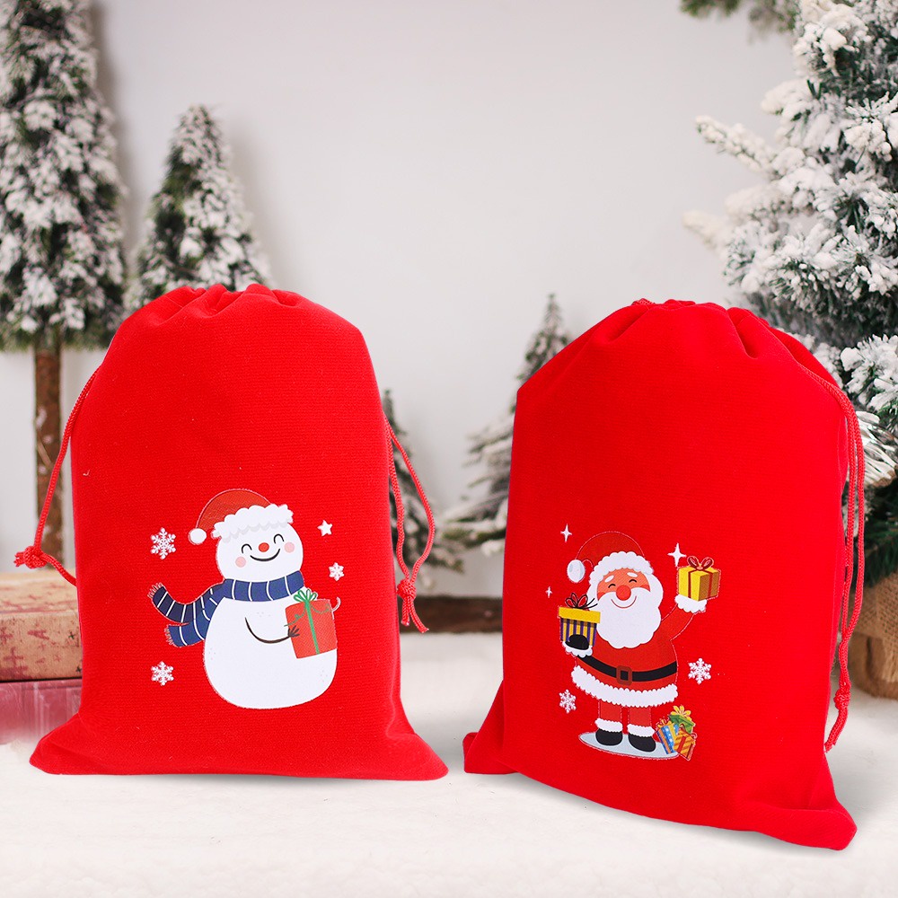 [Đặc Biệt] Túi Nhung Đựng Kẹo / Túi Dây Rút Họa Tiết Ông Già Noel / Người Tuyết Trang Trí Cây Thông Giáng Sinh