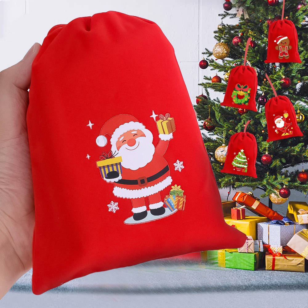 [Đặc Biệt] Túi Nhung Đựng Kẹo / Túi Dây Rút Họa Tiết Ông Già Noel / Người Tuyết Trang Trí Cây Thông Giáng Sinh