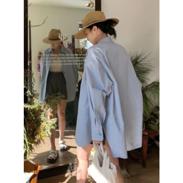Suxi Áo Sơ Mi Chống Nắng Tay Dài Dáng Rộng Cổ Gập Màu Trơn Đơn Giản Cho Nữ