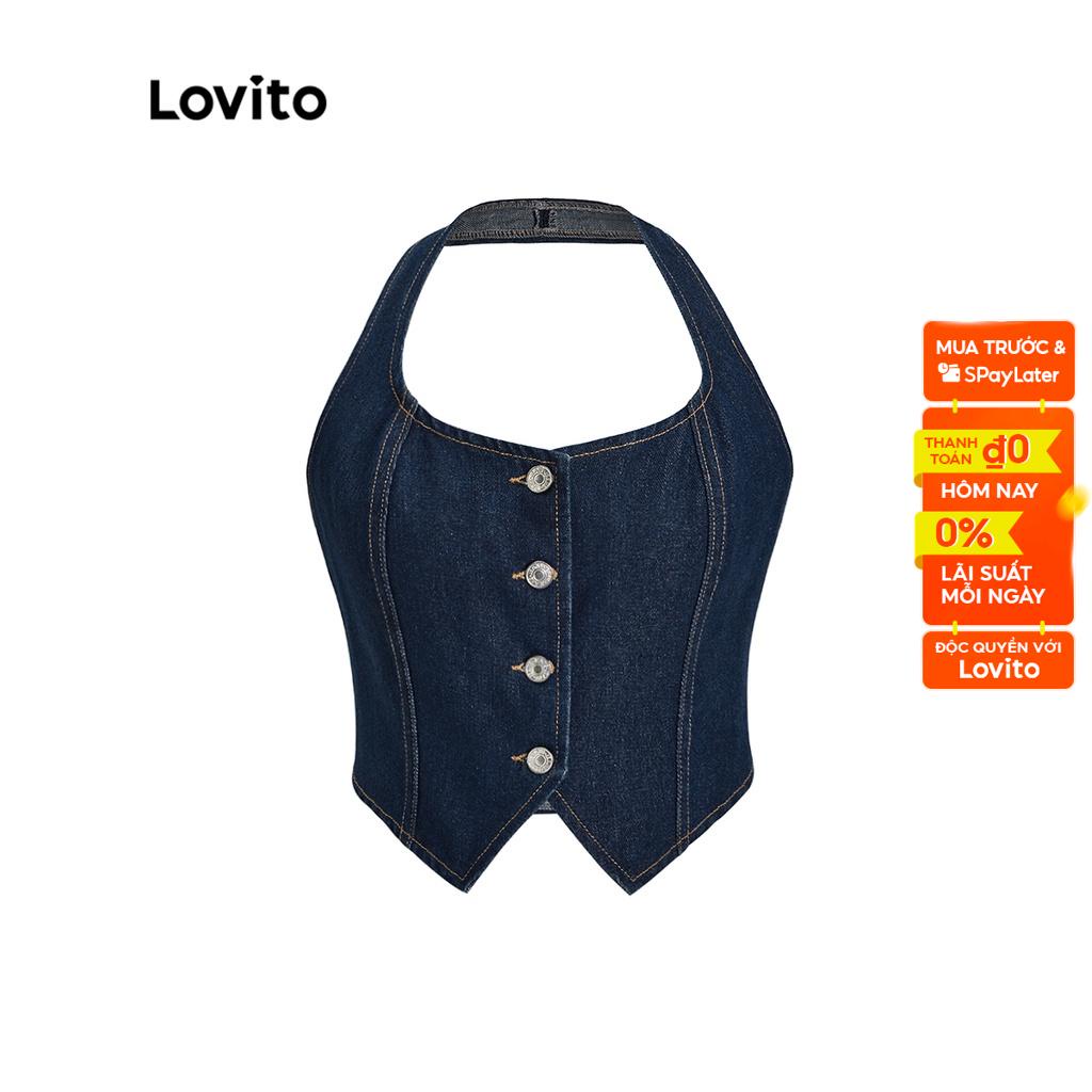 Lovito Áo denim không tay có nút phía trước đơn giản dành cho nữ L49AD138 (Xanh đậm)
