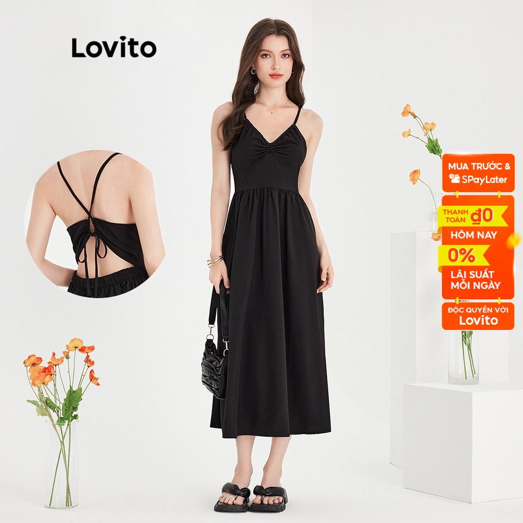 Đầm Lovito dây có thể điều chỉnh xếp nếp kiểu dạ hội hở lưng cột dây màu trơn thường ngày cho nữ L51ED119 (Black)