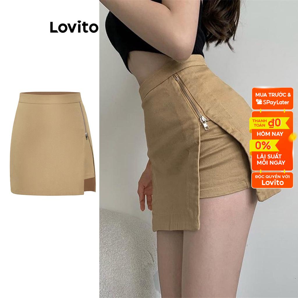 Quần short Lovito phối dây kéo xẻ tà màu trơn phong cách preppy cho nữ L59ED161 (Kaki)