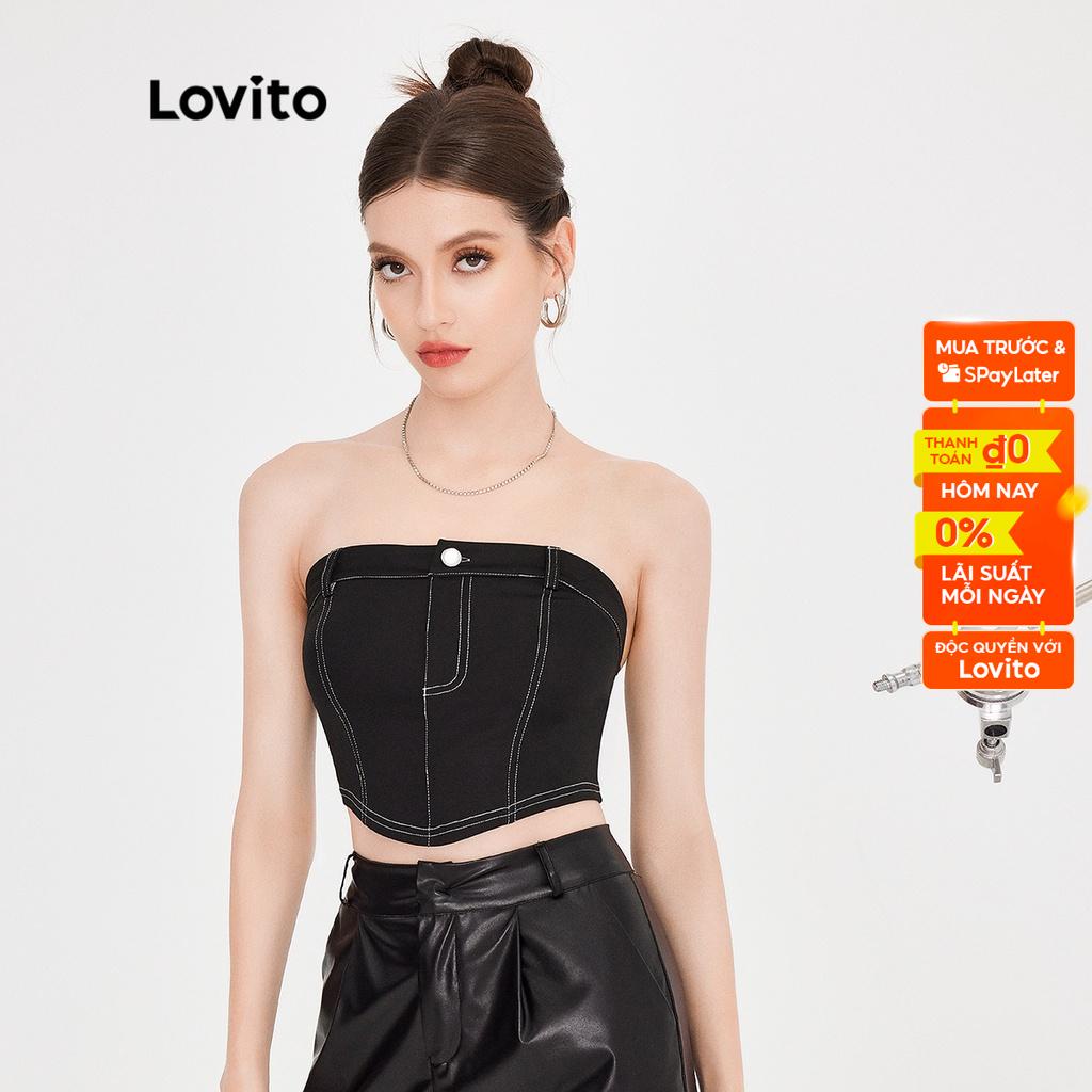 Áo croptop Lovito sát nách khoét vai màu trơn thường ngày cho nữ L51ED054 (màu đen)